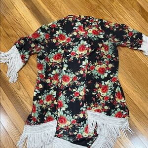 Floral Kimono with Fringe